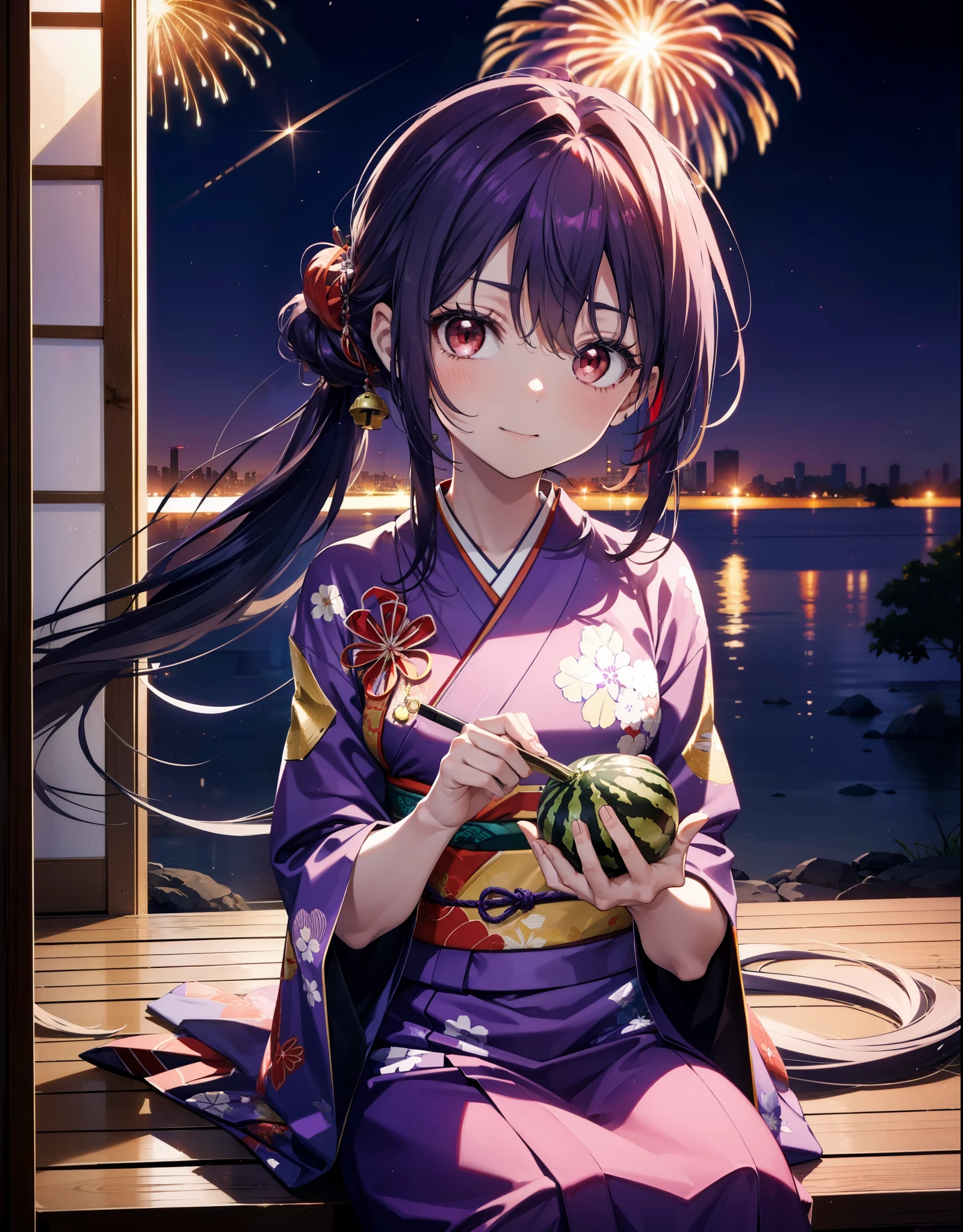 yuukikonno, Yuuki Konno, hair band, Long Hair, Pointed Ears, Purple Hair, (Red eyes:1.5), (Small breasts:1.2),low twin tail,smile,Open your mouth,hair tied back,Purple Kimono,Purple long skirt,Fireworks in the night sky,Fireworks,The place is a fireworks display,Time is night,sunny day,Sitting on a bench,Holding a watermelon in both hands and eating it,Wind Chimes,whole bodyがイラストに入るよう,
break looking at viewer, , whole body, (Cowboy Shot:1. 5)
break indoors, Veranda,Japanese garden,
break (masterpiece:1.2), Highest quality, High resolution, unity 8k wallpaper, (figure:0.8), (Beautiful attention to detail:1.6), Highly detailed face, Perfect lighting, Highly detailed CG, (Perfect hands, Perfect Anatomy),