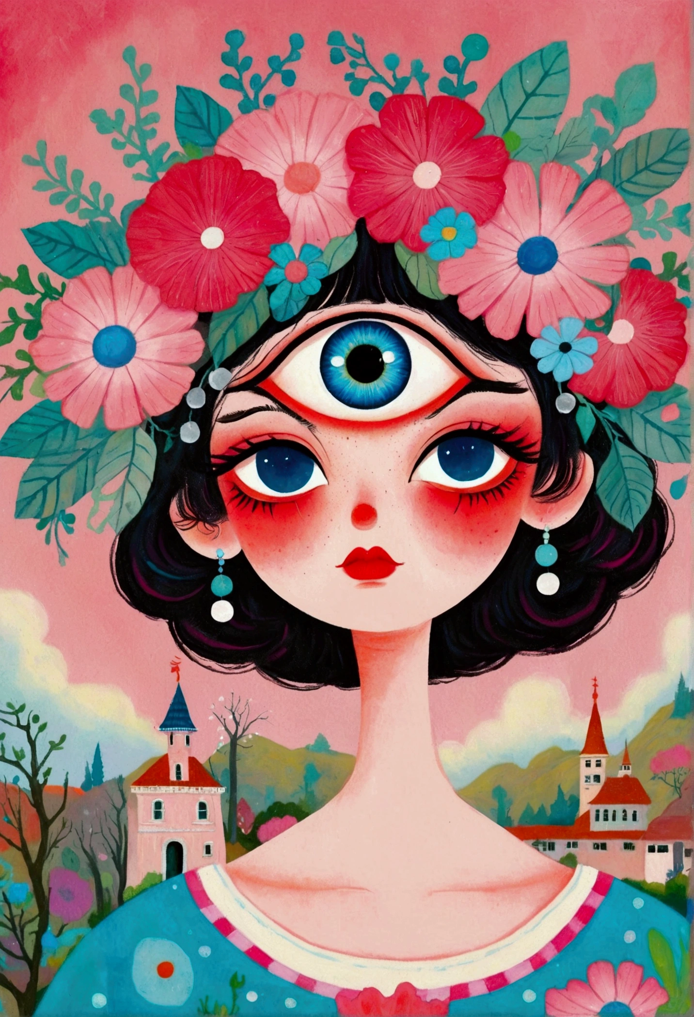 There is a person in the painting wearing a pink flower hat、Blue Eyed Woman, Mab Graves&#39;s Surrealism, Winner of the Behance competition, Pop surrealism, Psychedelic illustration, The Third Eye, Color illustrations, mystical The Third Eye, Pop surrealism lowbrow art style, Juster Battle, Portrait of a mysterious giant eye, Whimsical and psychedelic, Third Eye Vision, lowbrow Pop surrealism