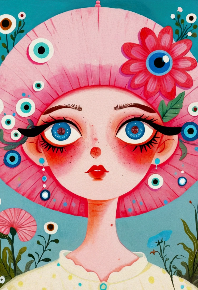 There is a person in the painting wearing a pink flower hat、Blue Eyed Woman, Mab Graves's Surrealism, Winner of the Behance competition, Pop surrealism, Psychedelic illustration, The Third Eye, Color illustrations, mystical The Third Eye, Pop surrealism lowbrow art style, Juster Battle, Portrait of a mysterious giant eye, Whimsical and psychedelic, Third Eye Vision, lowbrow Pop surrealism
