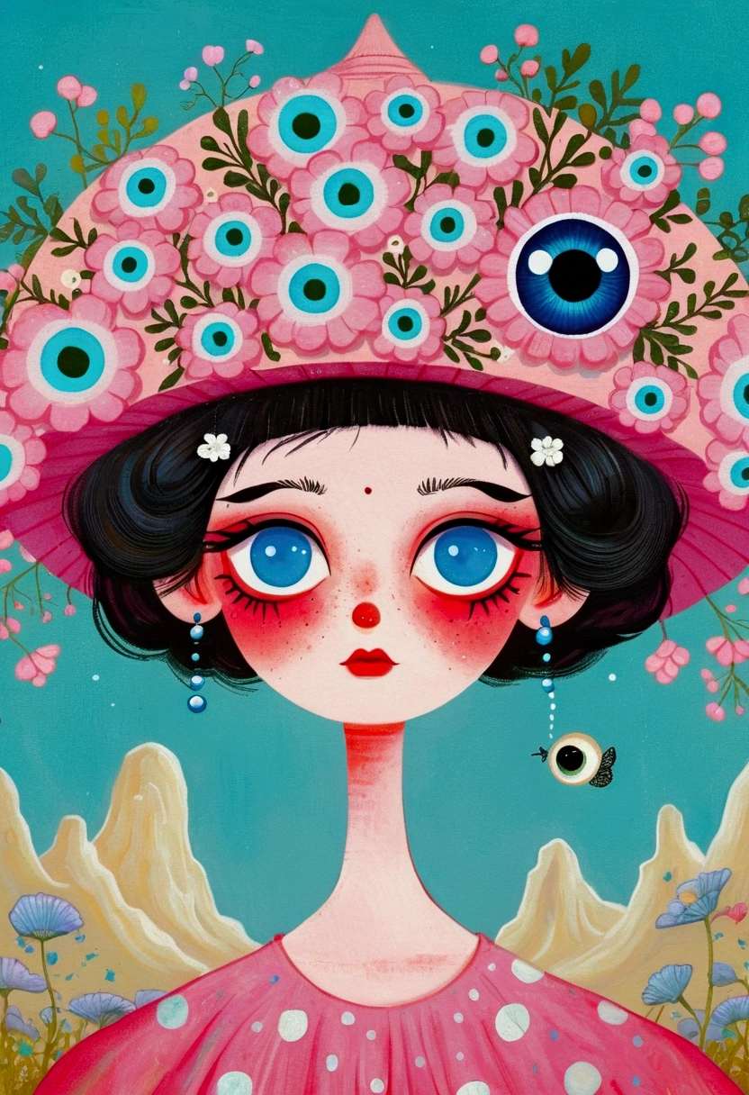 There is a person in the painting wearing a pink flower hat、Blue Eyed Woman, Mab Graves&#39;s Surrealism, Winner of the Behance competition, Pop surrealism, Psychedelic illustration, The Third Eye, Color illustrations, mystical The Third Eye, Pop surrealism lowbrow art style, Juster Battle, Portrait of a mysterious giant eye, Whimsical and psychedelic, Third Eye Vision, lowbrow Pop surrealism