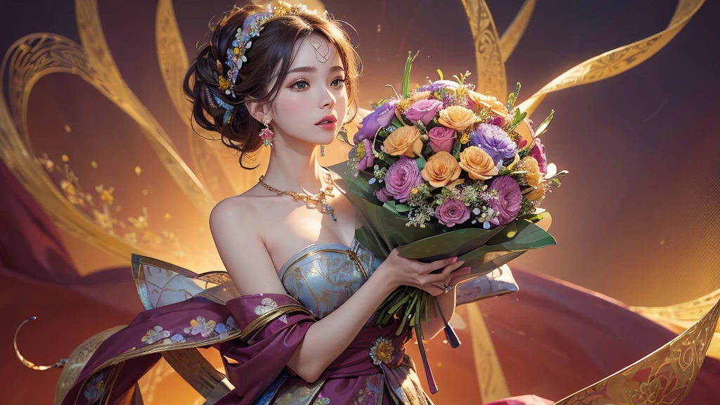 32K, 最高quality, 最高masterpiece, (ultra-Detailed Background, Detailed Background), High resolution, Super detailed, Very detailedな, One girl, (bouquet:1.3), (Tangled:1.2), (Geometric:1.2),(colorful),(masterpiece, quality, best quality, Official Art, Beautiful and beautiful:1.2), (1 girl:1.3), Very detailed,(colorful:1.1)(Flowers:1.3),Most detailed,(Tangled:1.2), whole body, (Abstract background:1.3), (Skin glows), (Many colors:1.4), ,(Earrings Jewelry:1.5), Pale Red Background,