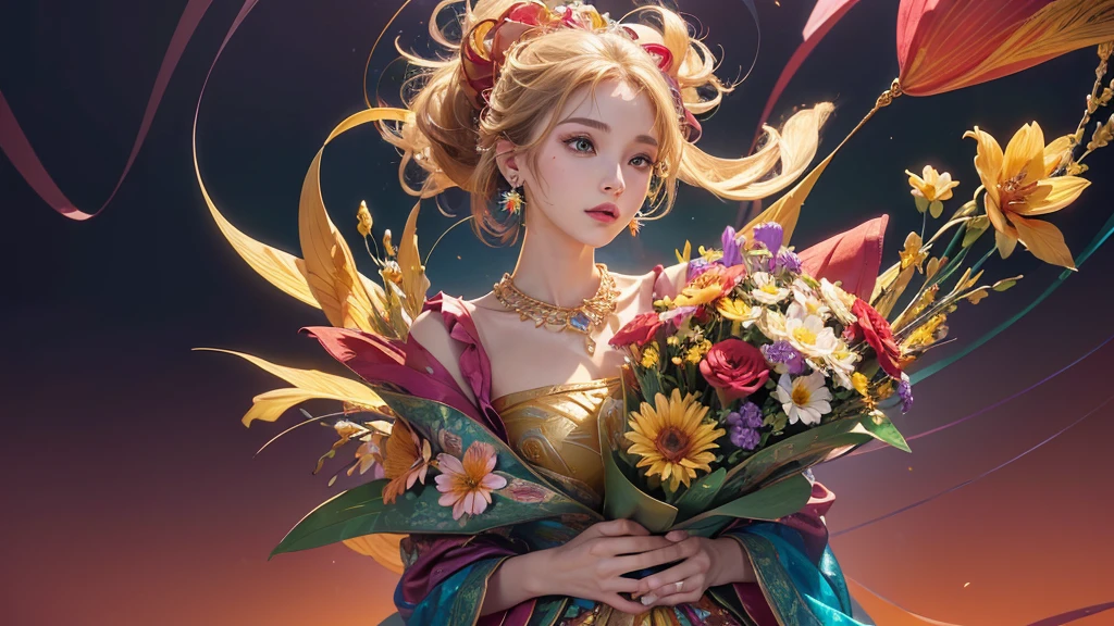 32K, 最高quality, 最高masterpiece, (ultra-Detailed Background, Detailed Background), High resolution, Super detailed, Very detailedな, One girl, (bouquet:1.3), (Tangled:1.2), (Geometric:1.2),(colorful),(masterpiece, quality, best quality, Official Art, Beautiful and beautiful:1.2), (1 girl:1.3), Very detailed,(colorful:1.1)(Flowers:1.3),Most detailed,(Tangled:1.2), whole body, (Abstract background:1.3), (Skin glows), (Many colors:1.4), ,(Earrings Jewelry:1.5), Pale Red Background,