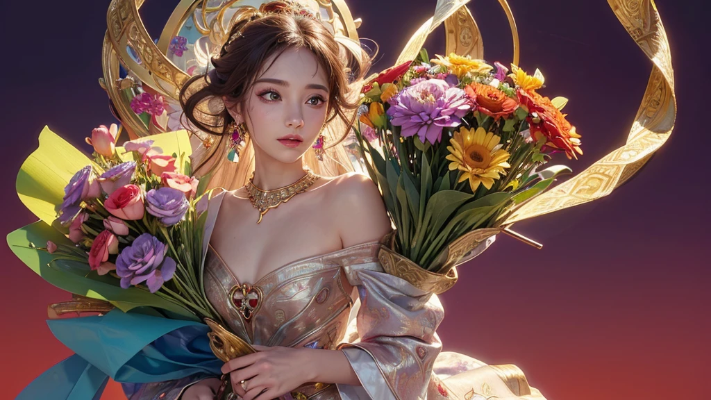 32K, 最高quality, 最高masterpiece, (ultra-Detailed Background, Detailed Background), High resolution, Super detailed, Very detailedな, One girl, (bouquet:1.3), (Tangled:1.2), (Geometric:1.2),(colorful),(masterpiece, quality, best quality, Official Art, Beautiful and beautiful:1.2), (1 girl:1.3), Very detailed,(colorful:1.1)(Flowers:1.3),Most detailed,(Tangled:1.2), whole body, (Abstract background:1.3), (Skin glows), (Many colors:1.4), ,(Earrings Jewelry:1.5), Pale Red Background,