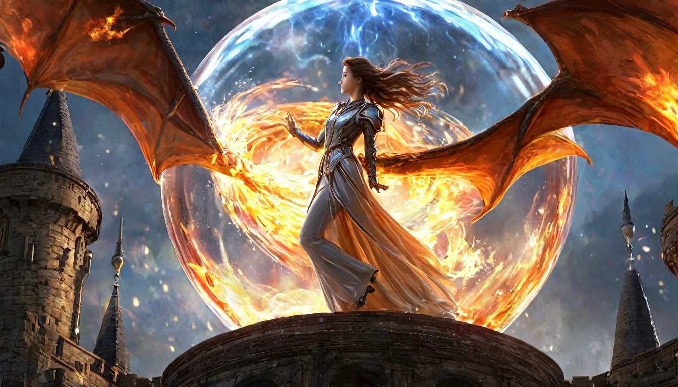 Young woman, stands inside a magic sphere, Young woman волшебник колдует волшебную сферу из стекла для защиты от огня, hemispherical dome, There is a flame around, the dragon breathes fire on the girl, magic reflects a jet of flame flying at it, Young woman стоит внутри волшебного купола, translucent magic dome, high quality, 3D, 4k, high detail, Jet of fire, castle wall,