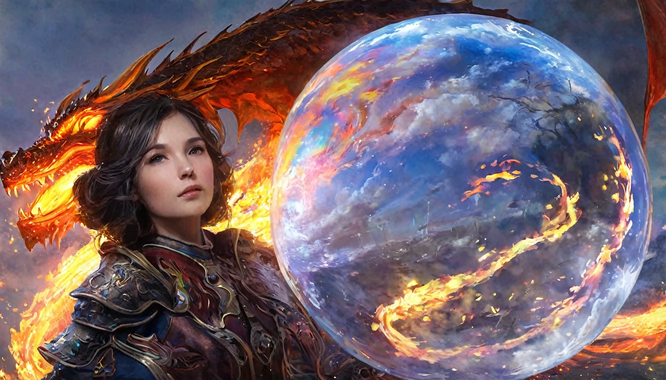 Young woman, stands inside a magic sphere, Young woman волшебник колдует волшебную сферу из стекла для защиты от огня, hemispherical dome, There is a flame around, the dragon breathes fire on the girl, magic reflects a jet of flame flying at it, Young woman стоит внутри волшебного купола, translucent magic dome, high quality, 3D, 4k, high detail, Jet of fire, castle wall,