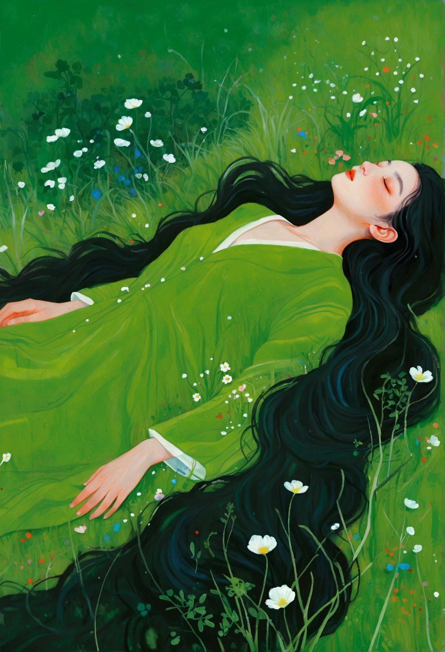 Painting of a woman lying on the grass, an Ultra-fine details inspired by Ren Hang, tumblr, Concept Art, In an empty green field, Gently stroke the earth, Green flowing hair, Grassy, hiding in grass, On a meadow, In the grass, Ultra-fine details, Ren Hang Style, Body covered with moss