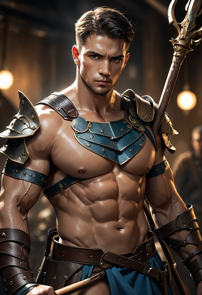 muscular, Swelling of chest muscles，Shirtless gladiator man，Rich facial features and body details, Rough brown worn leather clothing on war background, Holding a wooden spear in one hand, (best quality,4K,8K,high resolution,masterpiece:1.2),Extremely detailed,(Practical,photoPractical,photo-Practical:1.37),HDR,Ultra HD,Studio Lighting,Super Fine,Clear focus,Physically Based Rendering,Extremely detailed的描述,professional,Bright colors,Bokeh,portrait,Concept Artist,Dramatic Lighting