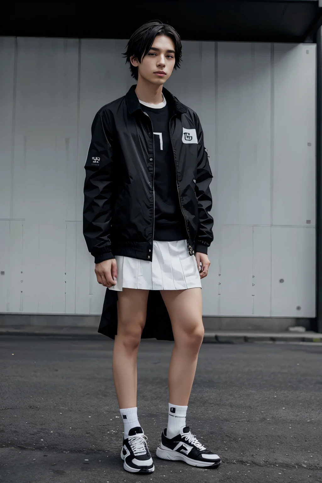 Anime boy in black and white jacket, Skirt and black and white shoes