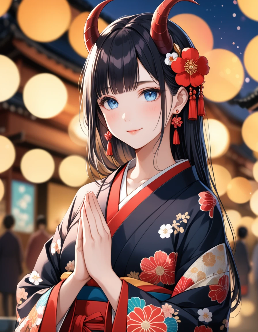 8K, RAW, best quality, masterpiece, ultra high res, colorful, full body portrait, (medium wide shot), (dynamic perspective), sharp focus , (depth of field, bokeh:1.3), extremely detailed eyes and face, beautiful detailed eyes, 
(masterpiece:1.2), best quality,PIXIV,
black hair, japanese clothes, floral print, 1girl, hair ornament, horns, sitting, looking at viewer, flower, kimono, blue eyes, hair flower, earrings, long hair, haori, jewelry, own hands together, tassel, wide sleeves, red eyes, closed mouth, long sleeves, print kimono, black kimono, hakama, bangs, smile