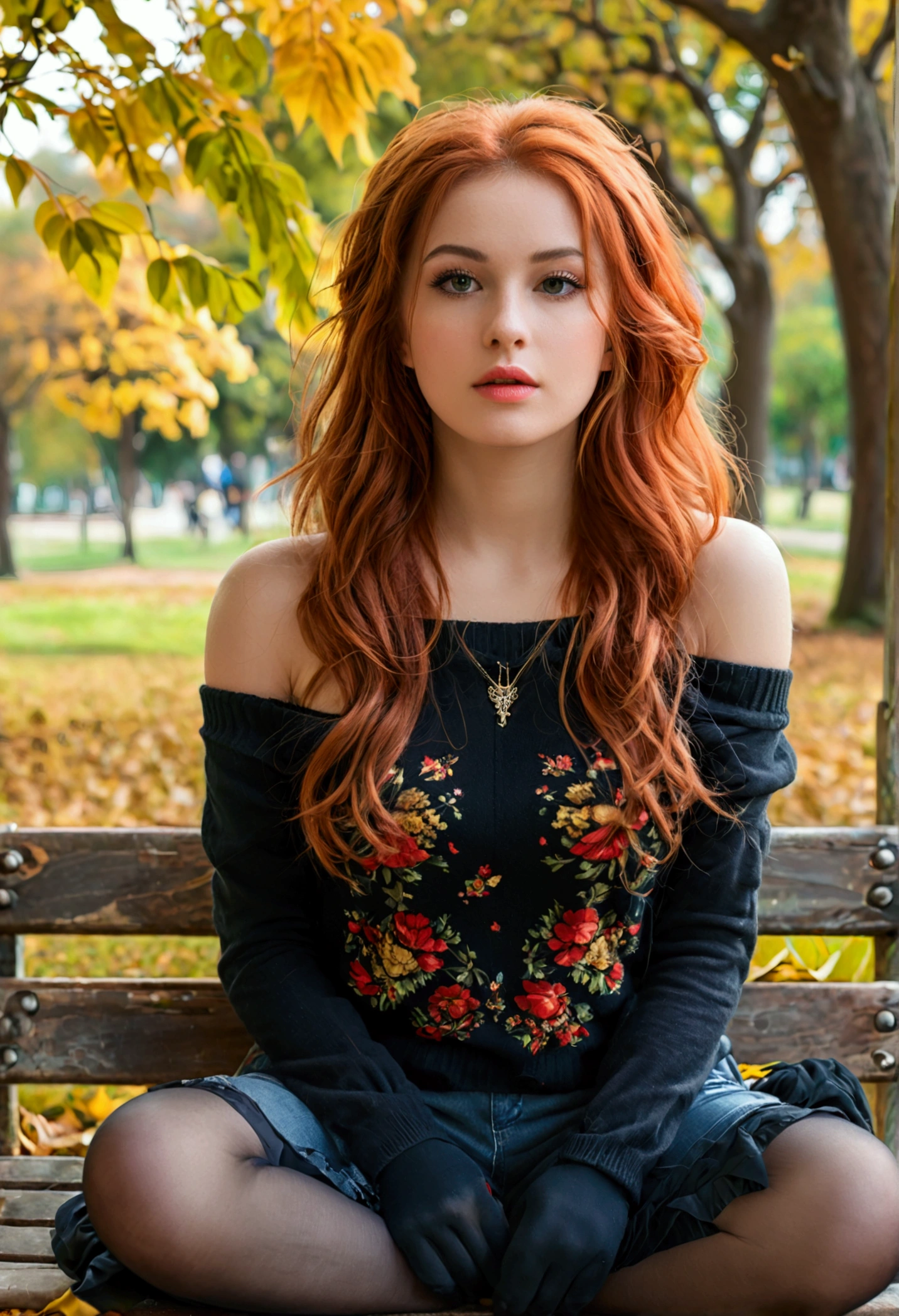 (full body shot:1.1) photorealistic image of a (sitting pose:1.1) woman, ultra realistic, photography, long red hair, girl, 24 years old, hourglass figure, perfect body, Flirty look, natural medium breasts, blur background, glossy lips, ((shorts, tights, off-shoulder sweater)), sitting crossed legs on bench, in park, she wears black boots, full body picture, full body, full body shot, wide angle, wide angle picture, wide angle shot, perfect hands