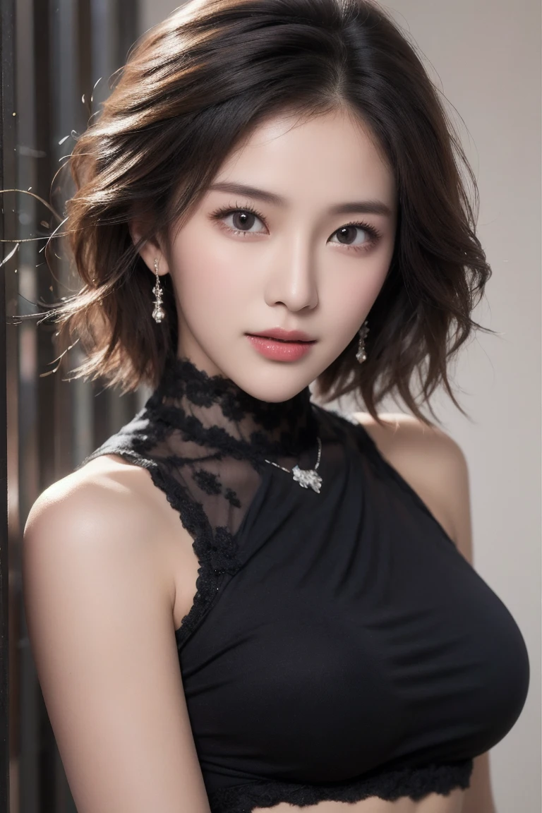 ((Best quality, 8k, Masterpiece :1.3)), 1girl, Pretty woman with emphasizing abs :1.3, (short cut hairstyles, Huge breasts),Ultra-detailed face, Detailed eyes, Double eyelid,