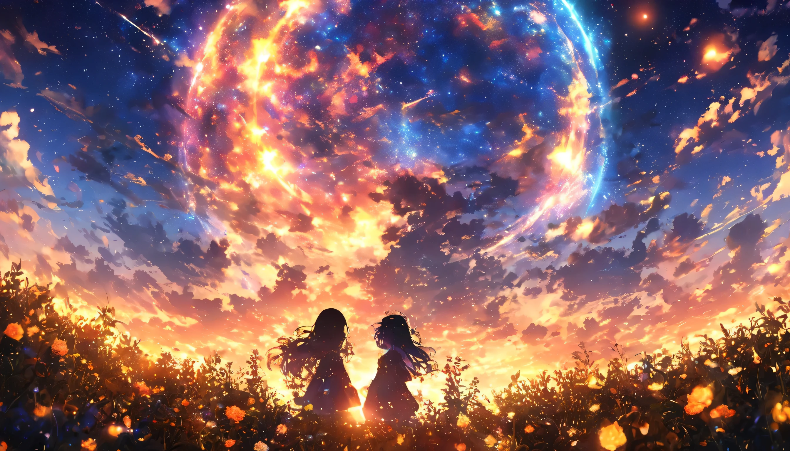 masterpiece, Concept Art, panoramic, In the center, shape, Wide-angle lens, garden, night, (meteor), space galaxy background, (great composition, Epic), Dynamic Lighting, Vibrant colors, blue Rose,Landscape Black Hair, Long eyelashes, Solid round eye, precise, Gradient hair, Moles under the eyes, Glowing eyes, eyeball, sad, shadow, Relief, Stereogram, Standing picture, Ass PoV, Atmospheric perspective, Anime style, Chromatic Aberration, light, reflected light, 8K, Super Detail, best quality, Ultra HD, High Detail, Textured Skin