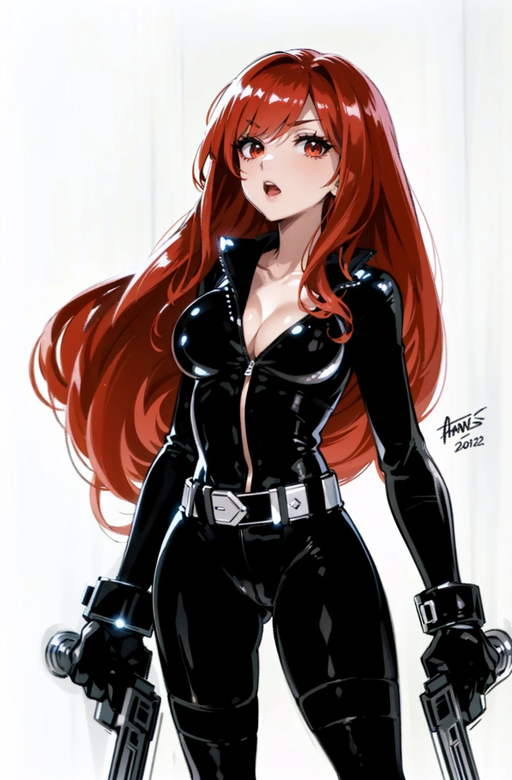 The image depicts a full-length depiction of the Marvel Comics character Black Widow. She has long, red hair and is wearing a sleek skin-tight shiny black latex bodysuit with a deep-cut zipper neckline revealing a large chest, the silver zipper running down the front. The suit is complemented by her silver wrist guard on both wrists and a belt made of silver around her waist. She is also holding two guns, one in each hand.