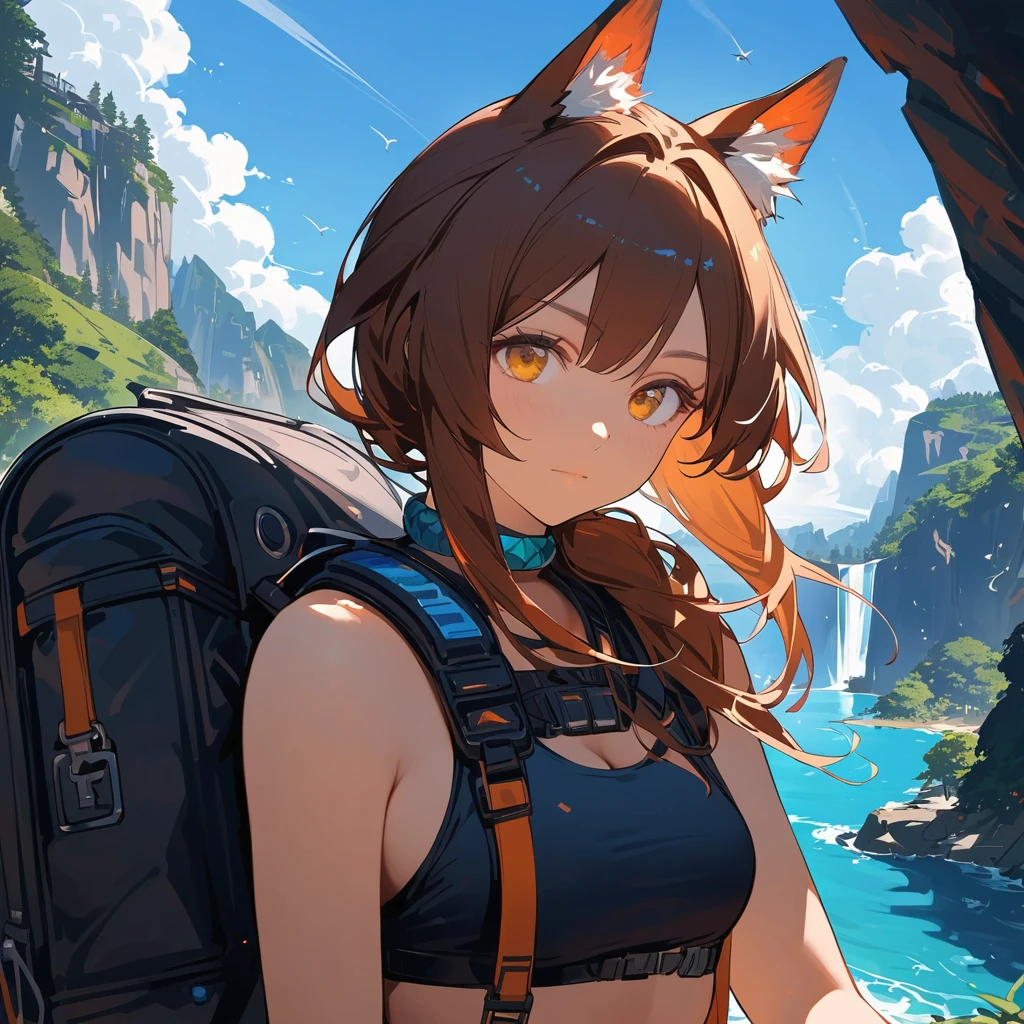 ((Holo Xaya)), animal ears, yellow eyes, stunning, hair over shoulder, hoodless, beautiful, 4k, high_definition, detailed, explorer, adventurous, sleeveless_tanktop, fantasy