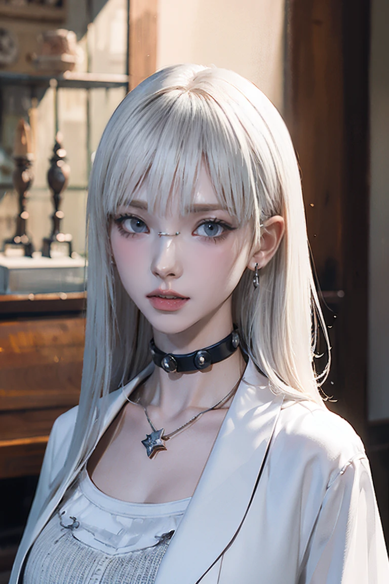 Close-up of a woman with tattoos on her chest, girl, Short white hair with bangs, Black strands of hair, Purple eyes, White T-shirt and white cape, Pendant around the neck. 超High resolution.Photorealistic. 超High resolution.Photorealistic:1.4,超High resolution. Realistic,High resolutionで, masterpiece, Highest quality, Very detailed, Better Shadows, Volumetric lighting), super high quality, High resolution, 8k, 超Realisticな肖像画 , Photorealistic, Dynamic Lighting, Volumetric lighting, Very detailed顔
