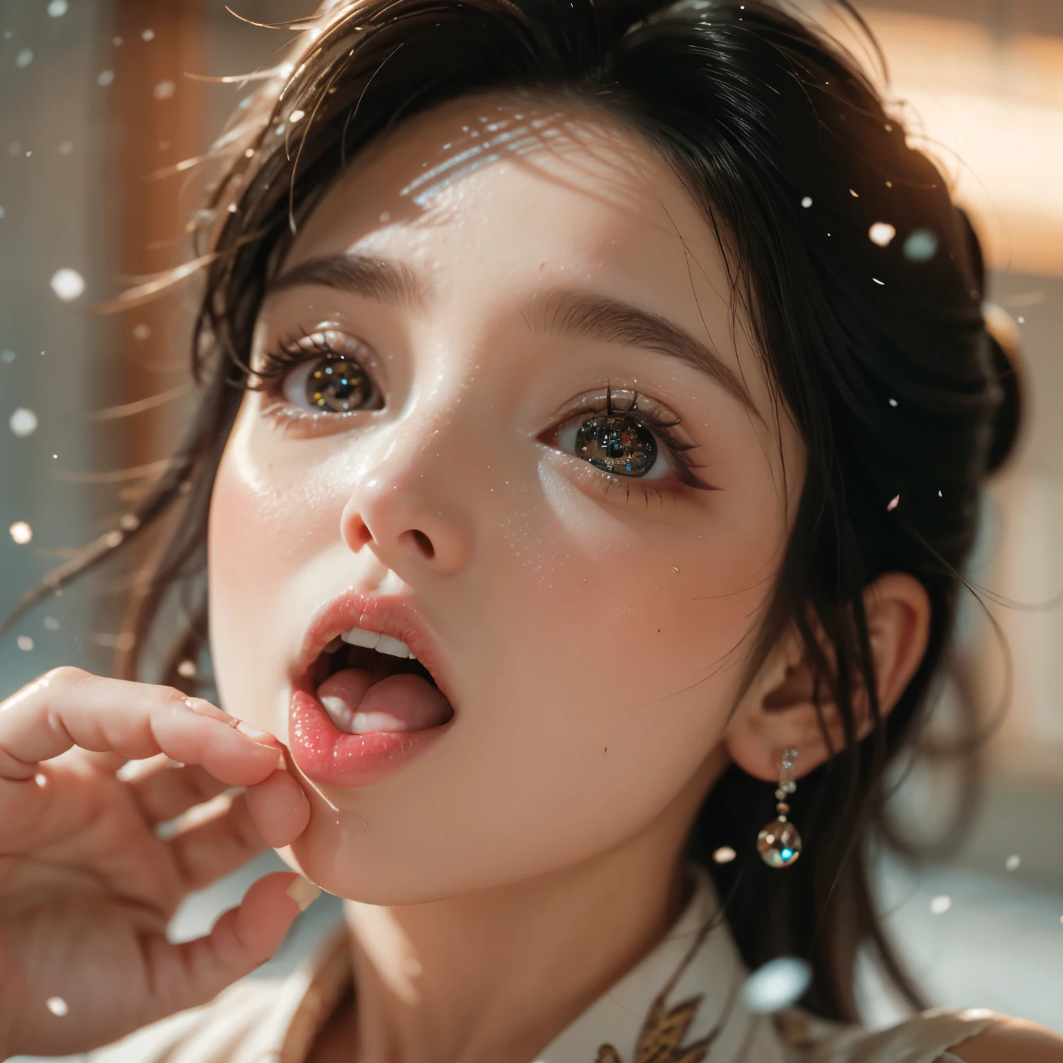 ExtremelyDetailed Kawaii girl Face,(Close-up big lips), glossy lips with beautiful details, Coquettish tongue, Kissing to camera, towards the viewer, 8K TopQuality masterpiece,an extremely delicate and beautiful (ProfessionalPhoto:1.37), {Amazing|finely detail|official art|incredibly absurdres},ultra-detailed close-up shot, close up, (fish eye lens), wide lens, macro lens, Detailed reflective Eyes ElaboratePupils with (sparkling highlights:1.28) (Delicate Voluminous LongEyelashes:0.88), {Tilted face|Visible back of throat|(saliva drips:0.8)|naked shoulder}, (Dripping juice on tongue:1.1) snow particles