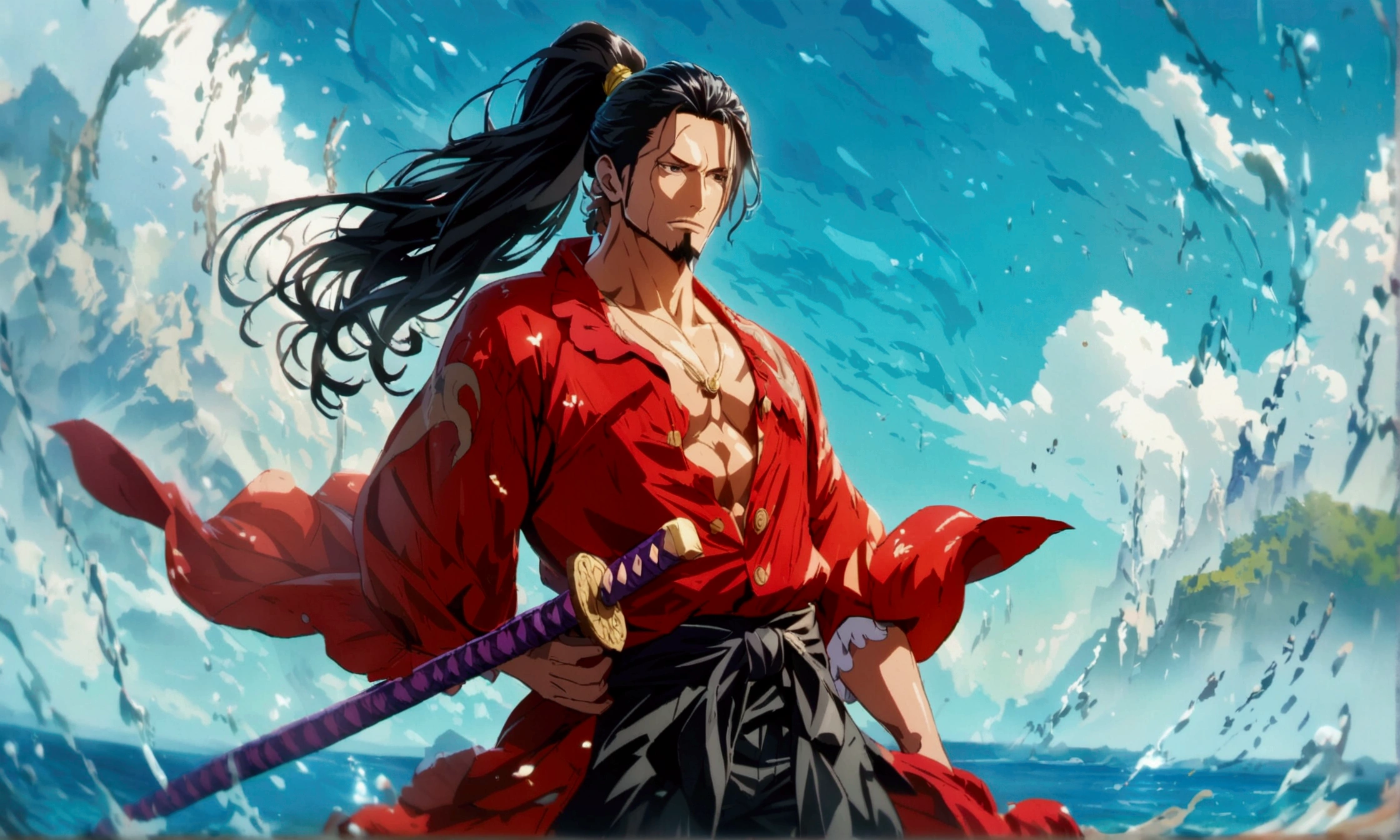 Mature man, long hair ponytail, goatee, black eyes, red dress shirt, black dress pants, analytical look, purple katana at waist, sea background, "Anime character design inspired by One Piece, full of dramatic and impressive lighting, focus on the centralized character, impressive face, full of creative details, ultra-fine 4K design, scenery bathed in creativity, boasting 2D anime resolution clarity, HD anime graphics, high-octane rendering"
