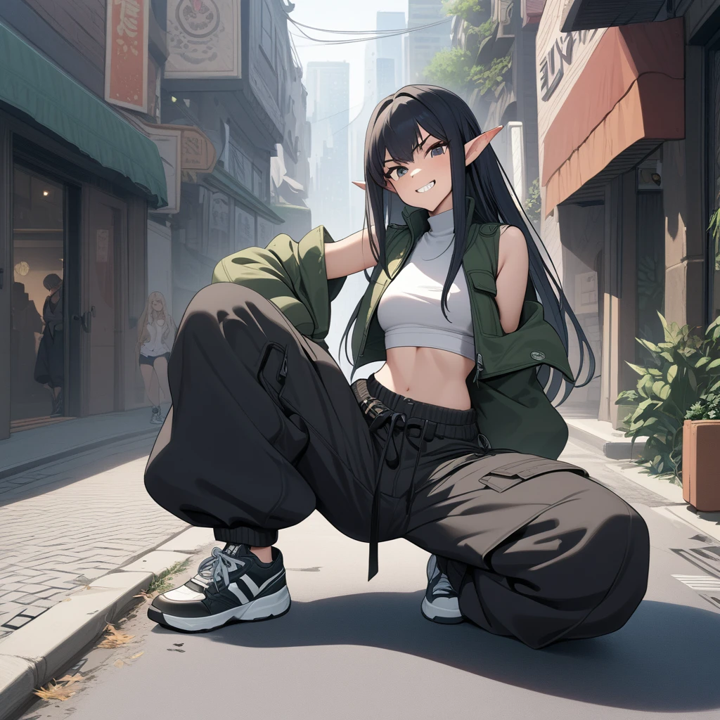 1girl, elven girl, elf, elven, solo, city street, squating, masterpiece, best quality, highly detailed, ((black cargo pants, baggy pants, sneakers, crop top, white crop top, black puffy jacket, sleeveless jacket)), straight long hair, black hair, ((front view:1.5)), angry grin