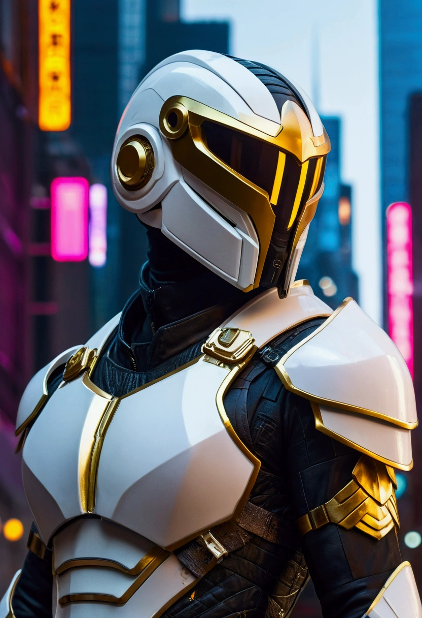 A cyberpunk warrior, clad in sleek white armor with gold accents, stands tall in a gritty, neon-lit cityscape. A helmet with a visor obscures their face, casting an air of mystery. Their pose is static, but their grip on a gleaming sword conveys a sense of readiness. The image is a close-up, focusing on the warrior's detailed armor and the intricate patterns of the cityscape.