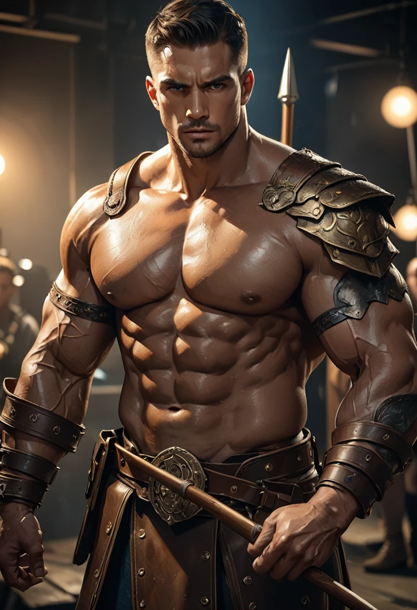 muscular, Swelling of chest muscles，Shirtless gladiator man，Rich facial features and body details, Rough brown worn leather clothing on war background, Holding a wooden spear in one hand, (best quality,4K,8K,high resolution,masterpiece:1.2),Extremely detailed,(Practical,photoPractical,photo-Practical:1.37),HDR,Ultra HD,Studio Lighting,Super Fine,Clear focus,Physically Based Rendering,Extremely detailed的描述,professional,Bright colors,Bokeh,portrait,Concept Artist,Dramatic Lighting