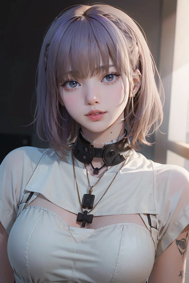 Close-up of a woman with tattoos on her chest, girl, Short white hair with bangs, Black strands of hair, Purple eyes, White T-shirt and white cape, Pendant around the neck. 超High resolution.Photorealistic. 超High resolution.Photorealistic:1.4,超High resolution. Realistic,High resolutionで, masterpiece, Highest quality, Very detailed, Better Shadows, Volumetric lighting), super high quality, High resolution, 8k, 超Realisticな肖像画 , Photorealistic, Dynamic Lighting, Volumetric lighting, Very detailed顔