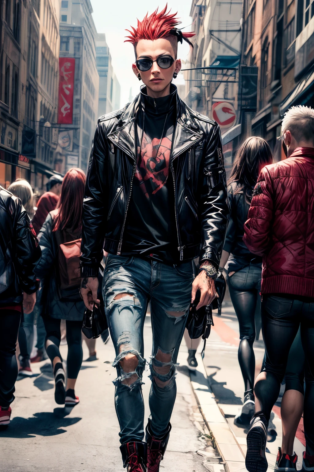 ((best quality)), ((masterpiece)), (detailed), 1man, street punk rockers(red color mohican hair) walking in the crowded people, wearing spikes black leatherjackets, black print t-shirts and jeans, zipper, black boots, earings.