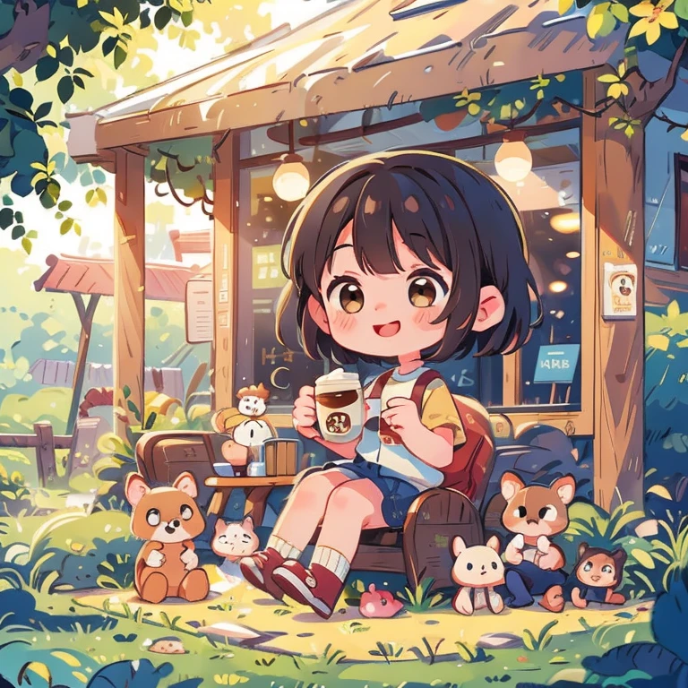 One girl, alone, Sitting, smile、Cafe、Black Hair、Brown eyes、Drinking coffee、short hair