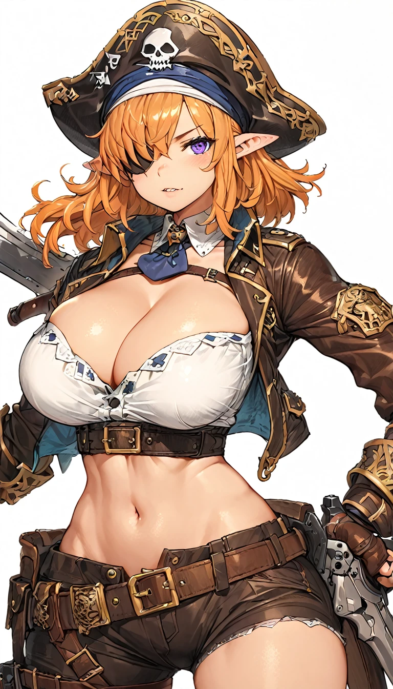 best quality,4k,8k, highres, masterpiece:1.2), ultra-detailed, extremely detailed eyes, extremely detailed body, (large masterpiece digital art), (detailed manga illustration), (detailed line art), ((perfect anatomy)), (intricate details:1.3), (ultra-detailed:1.3), (illustration:1.3), (sharp focus:1.3), (natural lighting:1.05), (vivid colors:1.3), (masterpiece), (best quality:1.4), (perfect anatomy:1.4), high quality, expressive eyes, full body, detailed face, beautiful face, perfect face, 1 girl, breast, large breast, cleavage, detailed hair, medium hair, orange hair, hair over one eye, purple eyes, eyepatch, shark girl, pointy ears, pirate, pirate hat, sharp teeth, teeth, cropped jacket, holding weapon, gunblade, gun, midriff, asymmetrical pants, gloves, curvy, yellow shirt, jewelry, Intricate, High Detail, Sharp focus, dramatic, cinematic lighting, dramatic atmosphere, (((coastline background))), soft bokeh of beach,