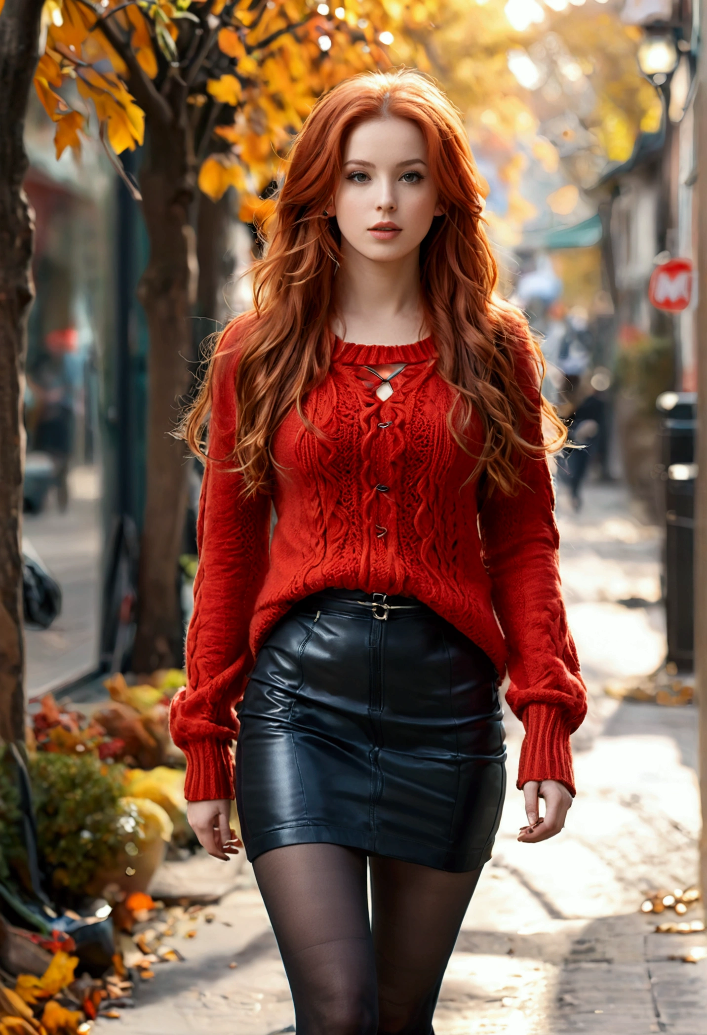 (full body shot:1.3) photorealistic image of a (walking pose:1.1) woman, ultra realistic, photography, long red hair, girl, 24 years old, hourglass figure, perfect body, Flirty look, natural medium breasts, blur background, walking on a street, red tight sweater, black mini skirt, tights, black boots, slight cleavage