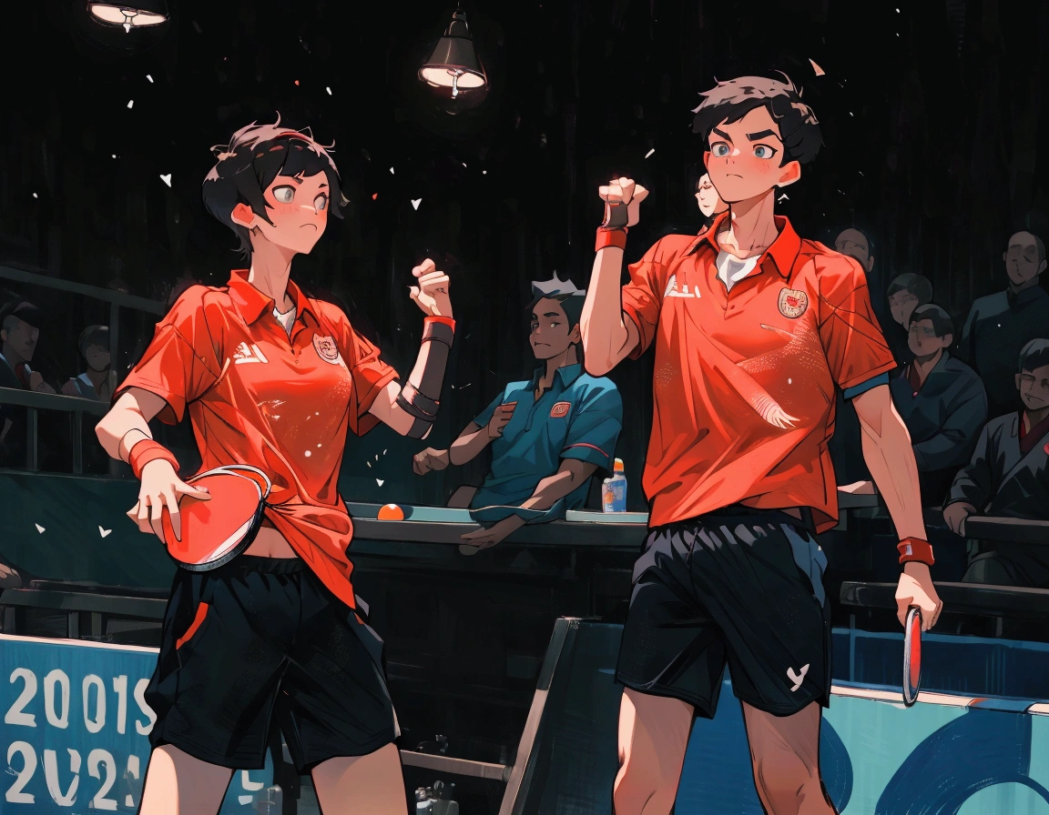 Cute short hair girl and boy,Left female right male,18 years old,Delicate face,Wearing red T-shirt sportswear,Black sports shorts,Hand holding table tennis racket,Olympic Games Photos,China,Waving and clenching fist,celebrate