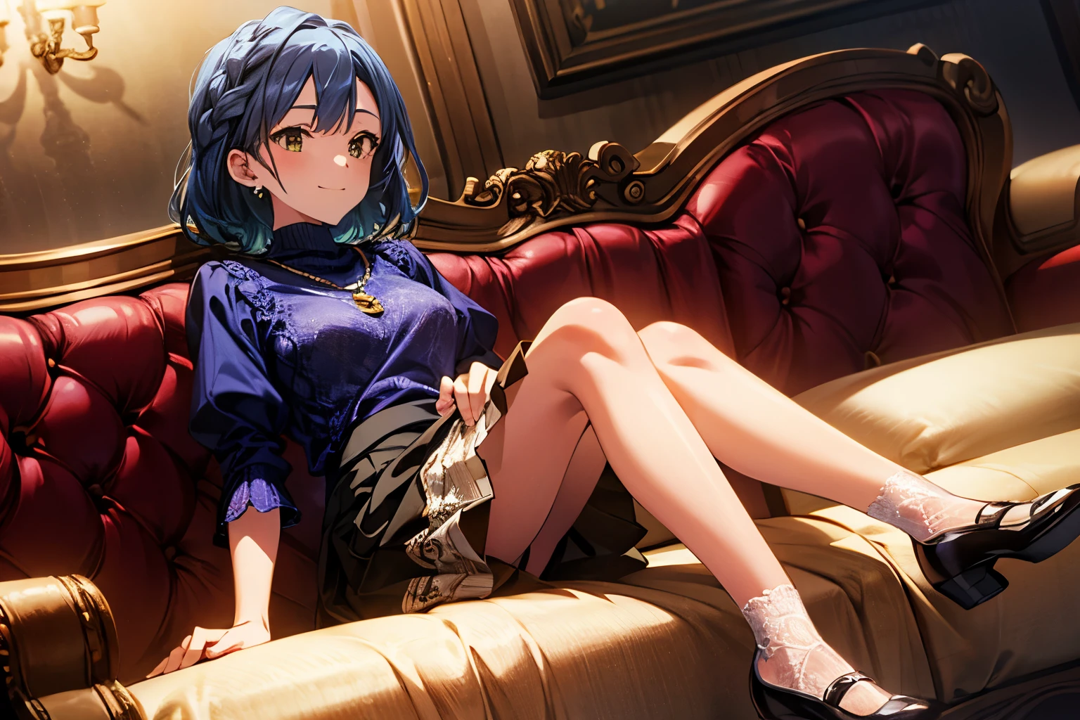 yuriko nanao (million live), 1 girl, Solo, Best Quality, masterpiece, 8K, High resolution, Ultra-detailed, madeon, light smile, sitting on the couch, have her feet on the couch, blue sweater, high neck sweater, puffy sleeves, short sleeves, necklace, long skirt, (((lacy skirt, white skirt))), white pumps, in hotel, 