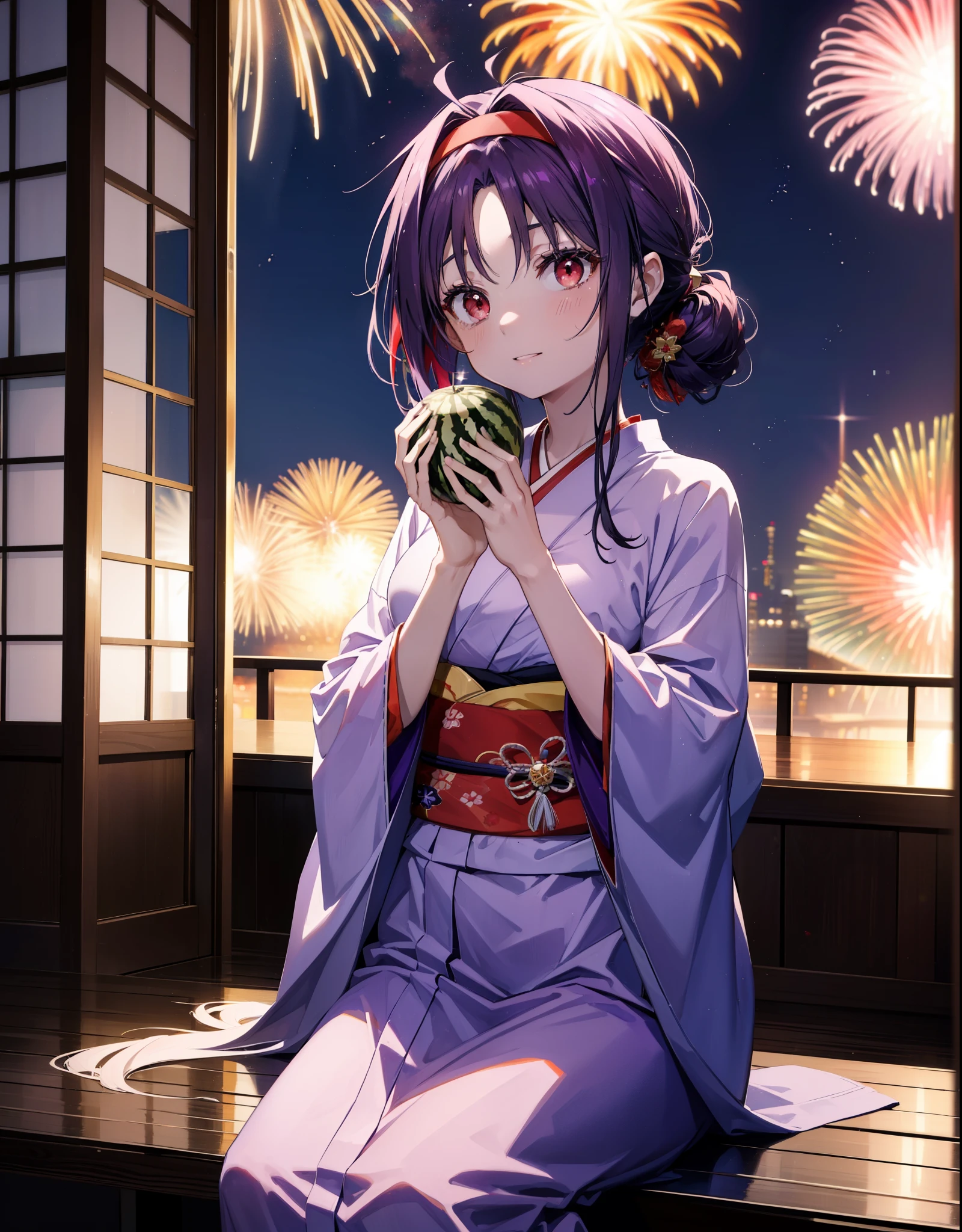 yuukikonno, Yuuki Konno, hair band, Long Hair, Pointed Ears, Purple Hair, (Red eyes:1.5), (Small breasts:1.2),low twin tail,smile,Open your mouth,hair tied back,Purple Kimono,Purple long skirt,Fireworks in the night sky,Fireworks,The place is a fireworks display,Time is night,sunny day,Sitting on a bench,Holding a watermelon in both hands and eating it,Wind Chimes,whole bodyがイラストに入るよう,
break looking at viewer, , whole body, (Cowboy Shot:1. 5)
break indoors, Veranda,Japanese garden,
break (masterpiece:1.2), Highest quality, High resolution, unity 8k wallpaper, (figure:0.8), (Beautiful attention to detail:1.6), Highly detailed face, Perfect lighting, Highly detailed CG, (Perfect hands, Perfect Anatomy),