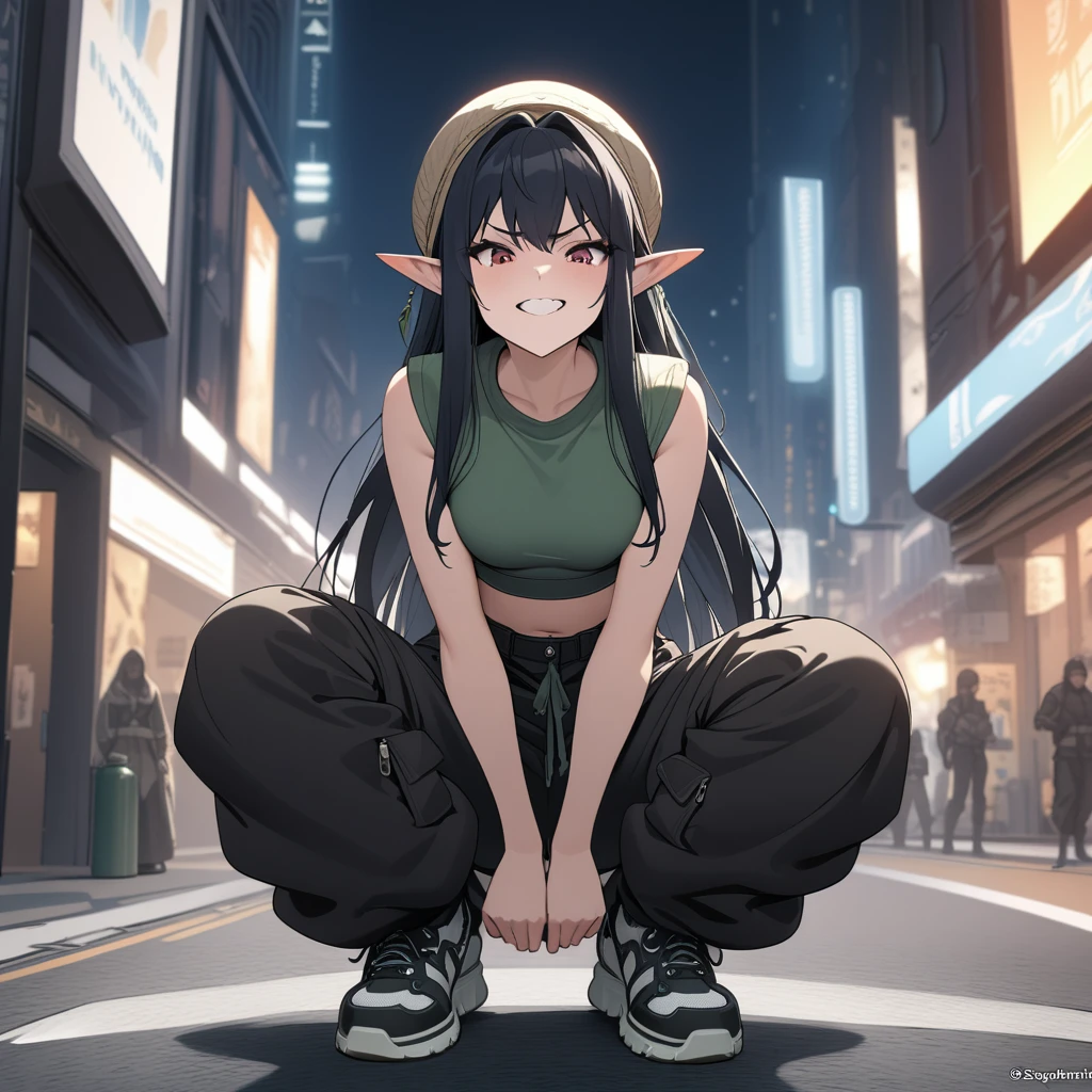 1girl, elven girl, elf, elven, solo, city street, squating, masterpiece, best quality, highly detailed, ((black cargo pants, baggy pants, sneakers, crop top, white crop top, black puffy jacket, sleeveless jacket)), straight long hair, black hair, ((front view:1.5)), angry grin, breton hat