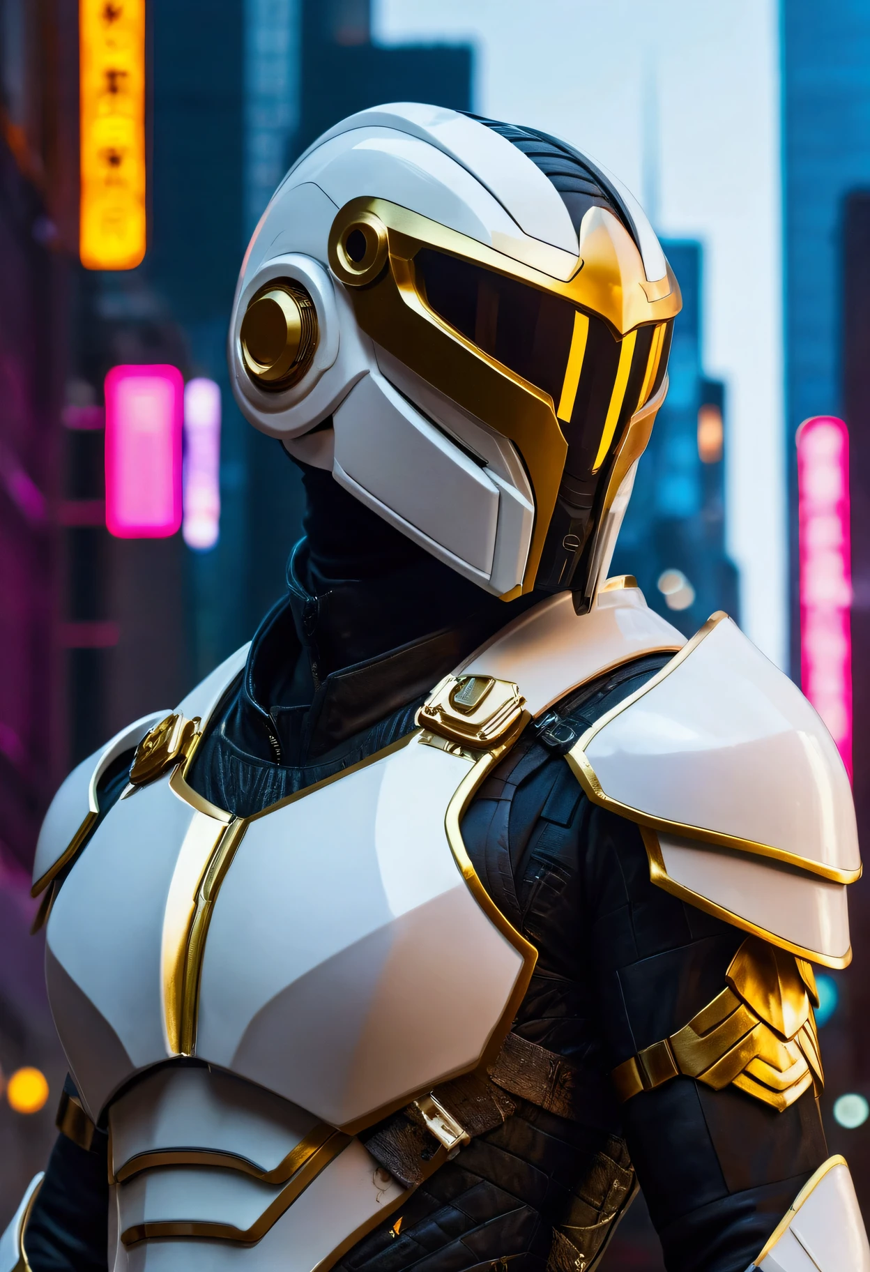A cyberpunk warrior, clad in sleek white armor with gold accents, stands tall in a gritty, neon-lit cityscape. A helmet with a visor obscures their face, casting an air of mystery. Their pose is static, but their grip on a gleaming sword conveys a sense of readiness. The image is a close-up, focusing on the warrior's detailed armor and the intricate patterns of the cityscape.
