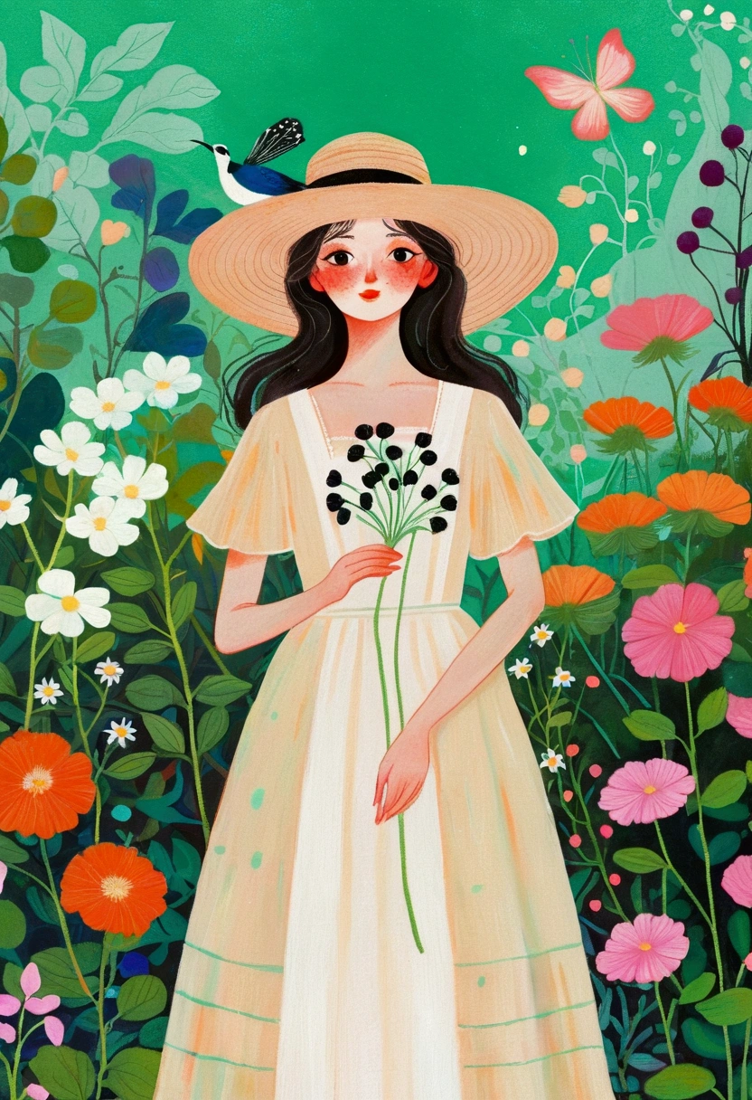 painting of a woman in a white dress and black hat standing in the garden, She is the center of the garden, Jane Newland, inspired by Camille Souter (Camille Souter), in the garden, Drawn in a whimsical style, author：Fiona Rae, in the garden, dreamy painting of coronavirus, author：Jane Graverol, author：Tatsujima Yuko