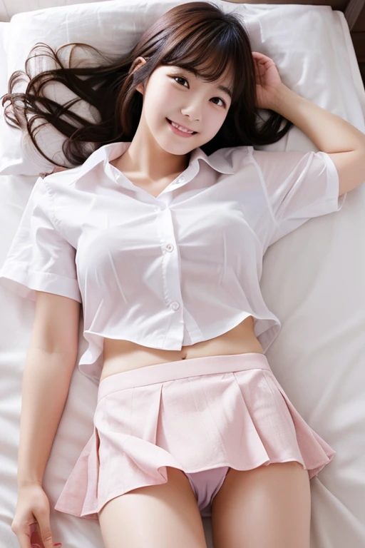 One girl, High resolution, Medium Hair、Shiny Hair、Gaze, smile, bangs, uniform、White shirt、Navy blue pleated skirt、Unbuttoned shirt、Light pink underwear、Lie down on the bed、nsfw, (spread pussy:1.3)
