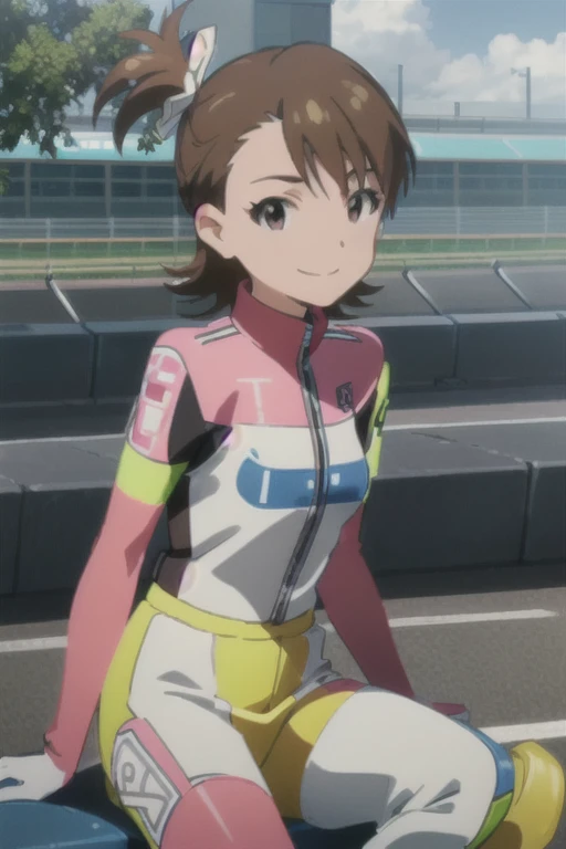 (((pixel-perfect, detail-perfect))), solo, 1girl, ami futami, motogp outfit, elbows pads, knee pads, boots, gloves, long sleeves, racing bike, sitting on bike, looking at viewer, smile