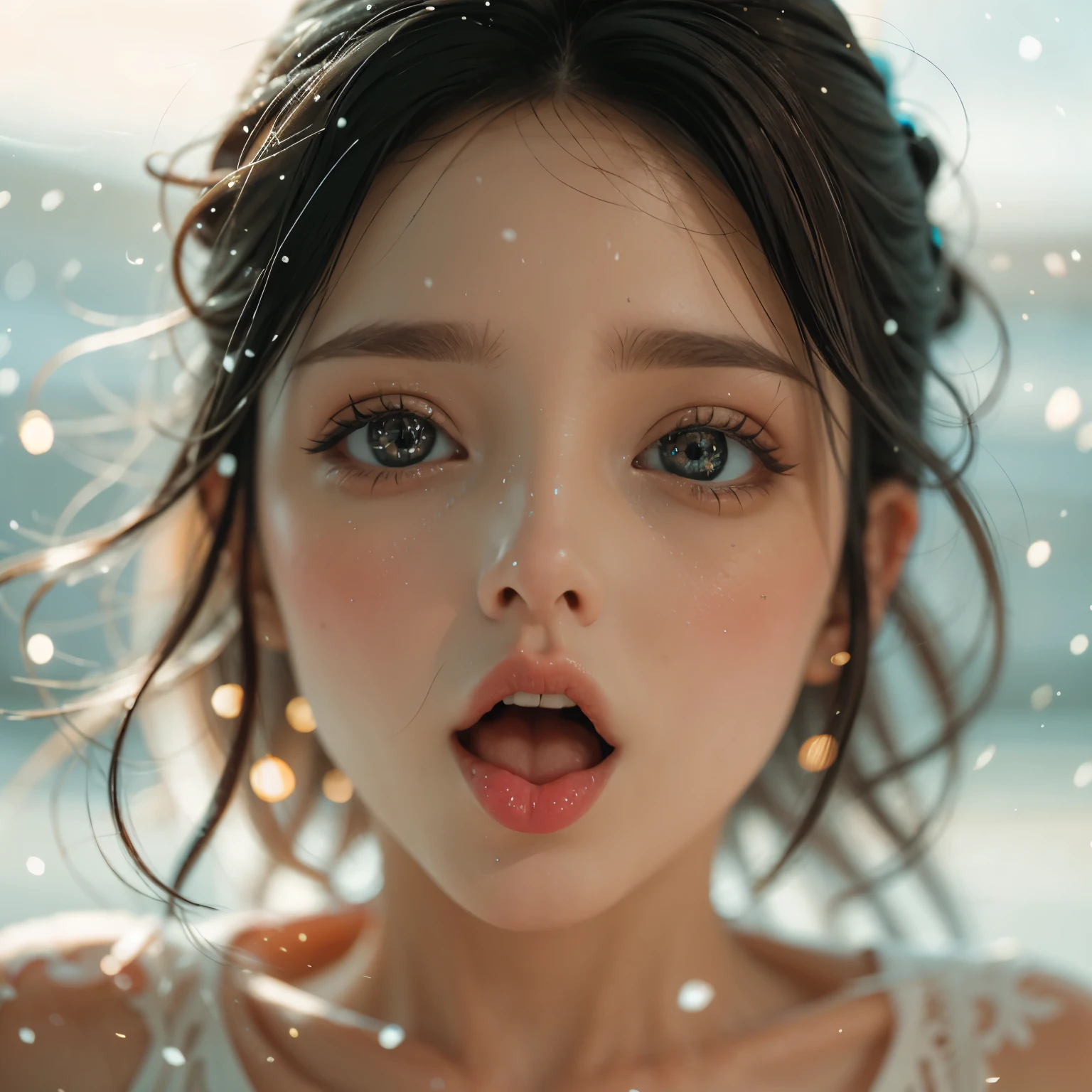 ExtremelyDetailed Kawaii girl Face,(Close-up big lips), glossy lips with beautiful details, Coquettish tongue, Kissing to camera, towards the viewer, 8K TopQuality masterpiece,an extremely delicate and beautiful (ProfessionalPhoto:1.37), {Amazing|finely detail|official art|incredibly absurdres},ultra-detailed close-up shot, close up, (fish eye lens), wide lens, macro lens, Detailed reflective Eyes ElaboratePupils with (sparkling highlights:1.28) (Delicate Voluminous LongEyelashes:0.88), {Tilted face|Visible back of throat|(saliva drips)|naked shoulder}, (Dripping juice on tongue:1.11) snow particles