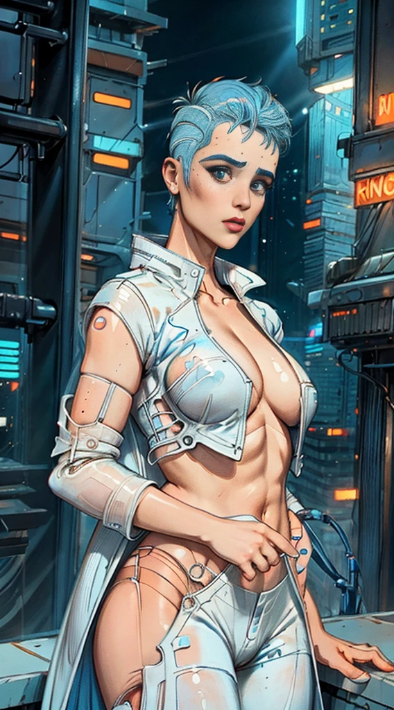 Magnificent artificial intelligence, Beautiful woman with robotic body, hyperrealisti, cinematic angle, blue neon blurred background, apparent circuits,  Vibrant, detailded, ZBrush, comic illustration, trends on artstation. by peter mohrbacher, por wlop, por Ruan Jia, by alphonse mucha, by dmitry prozorov, por Norman Rockwell, half naked, shirtless, leathercoat, short white hair