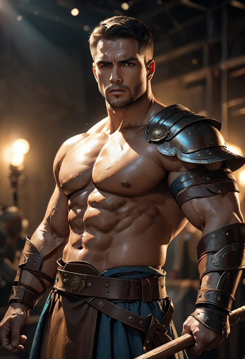 muscular, Swelling of chest muscles,Shirtless gladiator man,Rich facial features and body details, Rough brown worn leather clothing on war background, Holding a wooden spear in one hand, (best quality,4K,8K,high resolution,masterpiece:1.2),Extremely detailed,(Practical,photoPractical,photo-Practical:1.37),HDR,Ultra HD,Studio Lighting,Super Fine,Clear focus,Physically Based Rendering,Extremely detailed的描述,professional,Bright colors,Bokeh,portrait,Concept Artist,Dramatic Lighting