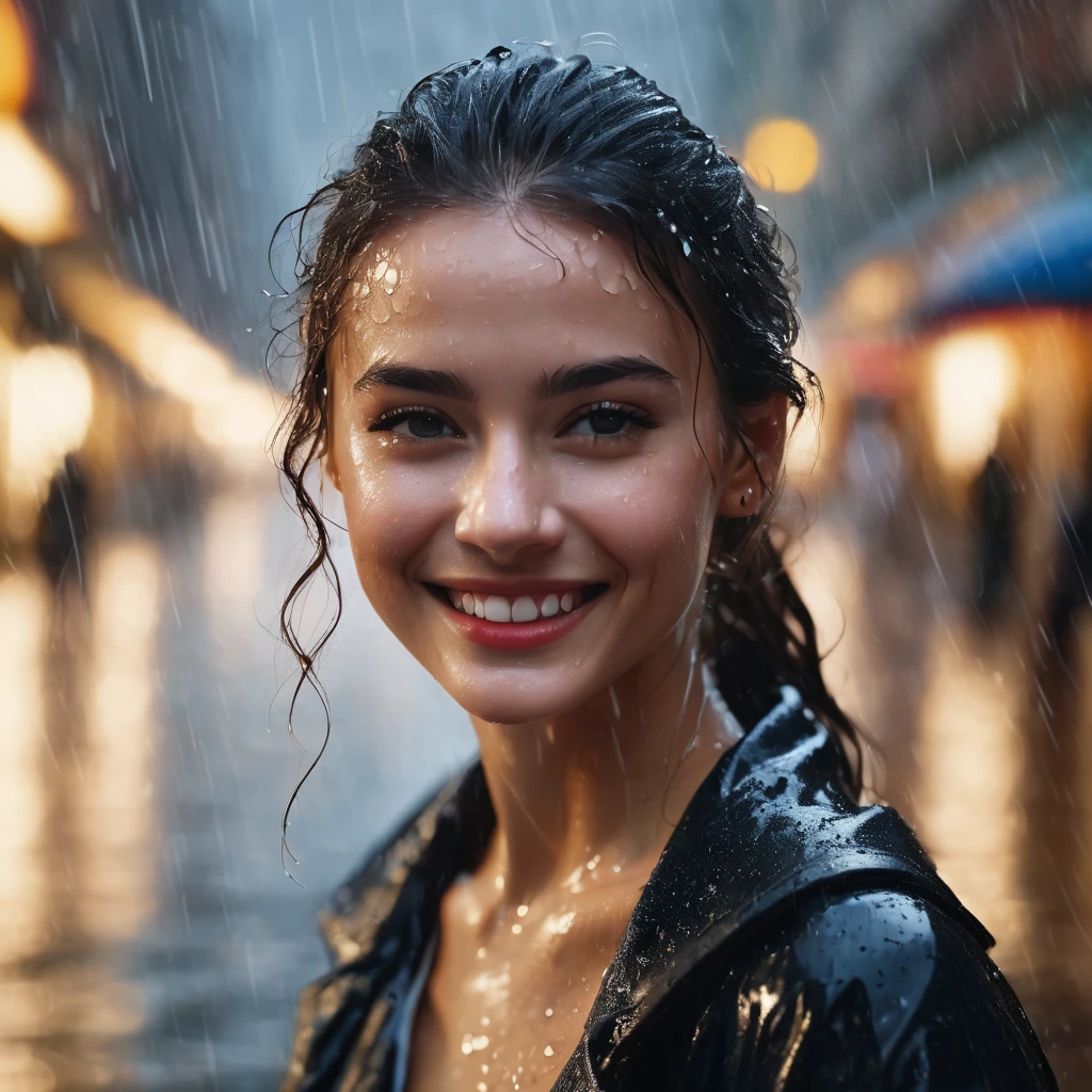 Masterpiece, best quality, sharp focus. Medium shot. Photo of a beautiful girl smiling. in the rain Hyper realistic, fine details, detailed skin texture.
