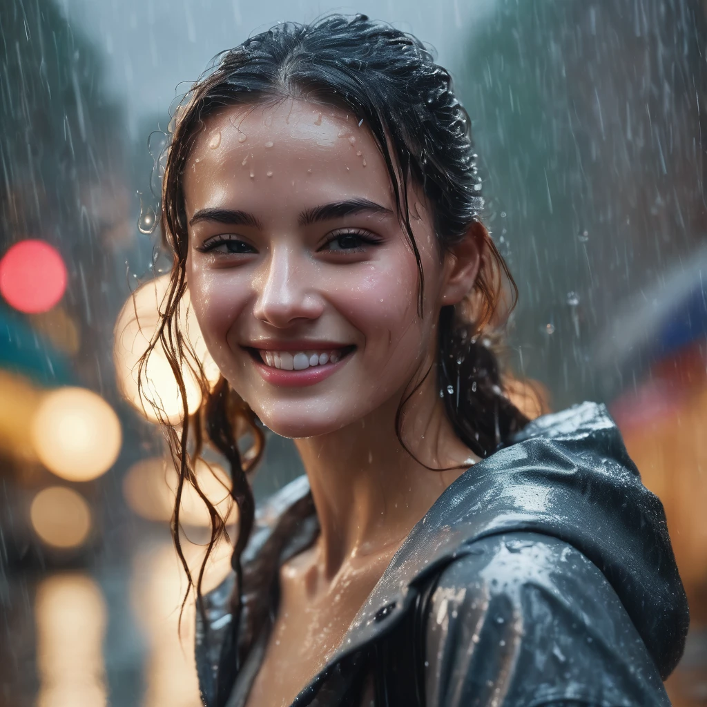 Masterpiece, best quality, sharp focus. Medium shot. Photo of a beautiful girl smiling. in the rain Hyper realistic, fine details, detailed skin texture.   