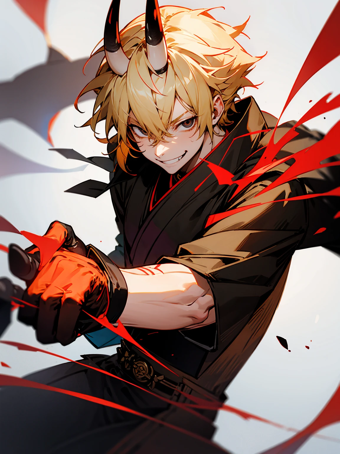 1male, blonde hair. black eyes, oni horn, red yukata, gloves, evil smile