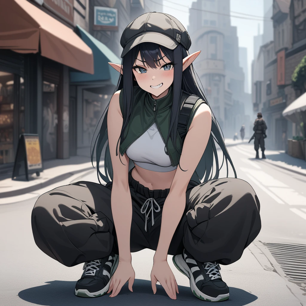 1girl, elven girl, elf, elven, solo, city street, squating, masterpiece, best quality, highly detailed, ((black cargo pants, baggy pants, sneakers, crop top, white crop top, black puffy jacket, sleeveless jacket)), straight long hair, black hair, ((front view:1.5)), angry grin, breton hat 