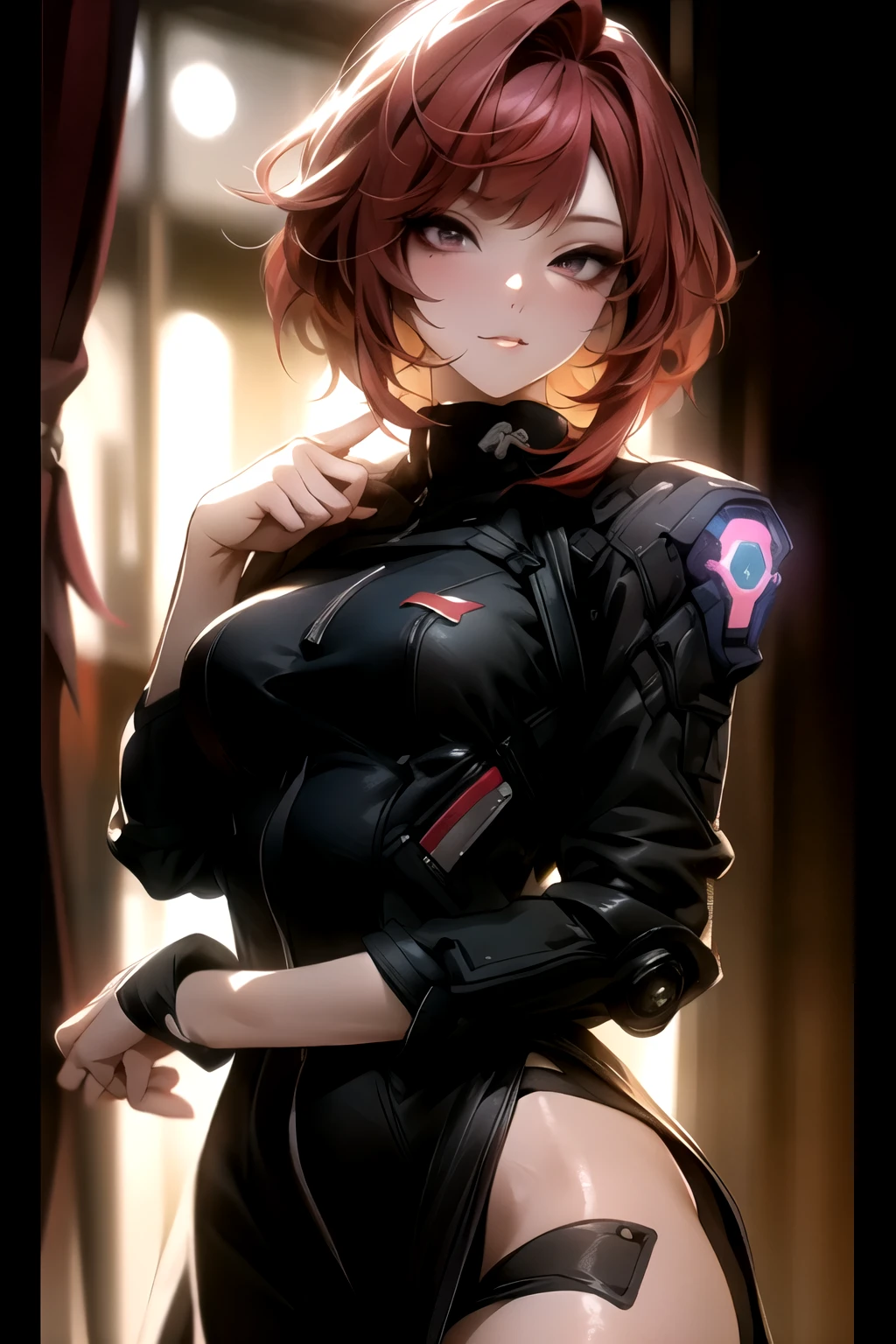 ((best quality)), ((Masterpiece)), (details:1.4), 3d, Image of a beautiful cyberpunk woman., HDR (high dynamic range), mature woman, Curtain Bangs, RED hair, black eyes, SWAT uniform, PBR surface, After processing, Anisotropic filtration,depth of field, Maximum clarity and clarity, multi-layered surface, perfect proportions, 8K raw files, cyberpunk, at night, ผมหลายชั้น, กระโปรงสั้น, natural lighting, soft lighting, sunlight, หน้าอกใหญ่,