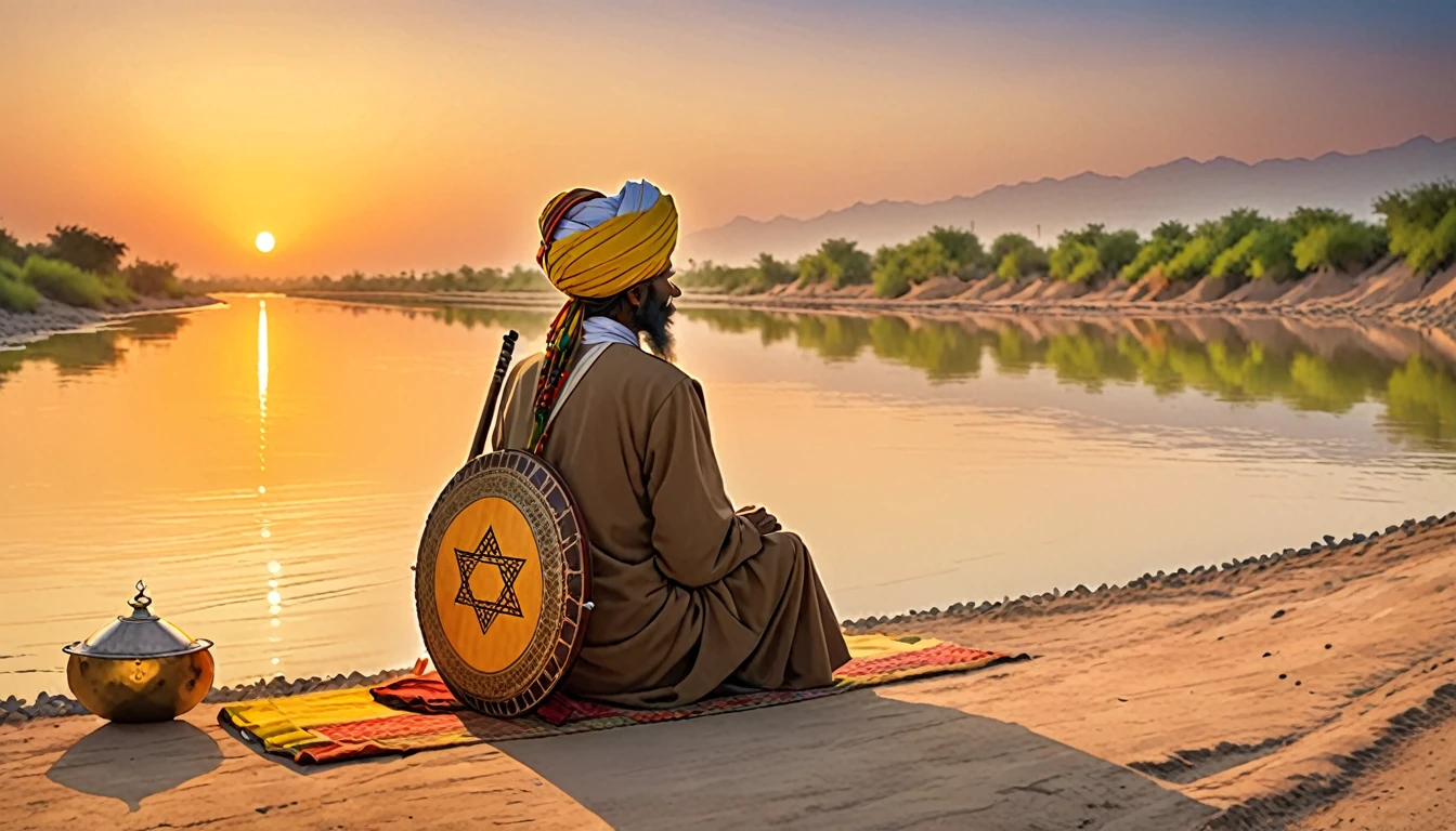 Shield of David,Indian,Turbans are Rastafarians,back view of old man,Bathing in the River Indus,sunset,dim,There is a table nearby.,