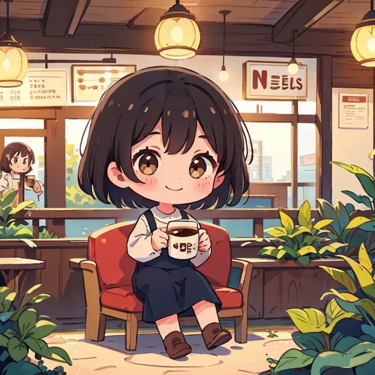 One girl, alone, Sitting, smile、Cafe、Black Hair、Brown eyes、Drinking coffee、short hair