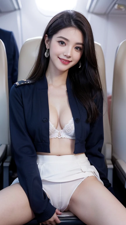 (masterpiece:1.2),(8K high resolution), (Highest quality), (RAW Image Quality), (Realistic), (Realistic:1.37), ,large, patchy eyes,Long eyelashes,(Live-action Realistic style),Realistic light and shadow,Distinct facial features,,Fair skin, ),(The ultimate face,),Best Portrait, One girl,Beautiful and beautiful eyes,Highly detailed skin,(Beautiful face with double eyelids), (realism: 1.4),((Full body image)) ,Delicate and beautiful face,,Women around 30 years old,(Beautiful Face 1.4),Straight hair length,,(lipstick,shine around the eyes,Beautiful earrings),((Taken inside an airplane)),(Navy blue flight attendant uniform,)),(Flight attendants in uniform),,(3/4 Length),Shoot from the front,,Close-range shooting,(((Sitting on a plane,Show me your white panties))),I can see your belly button,Navel exposure,(((Always looking at the audience and smiling),(Very good,A little cleavage is exposed),,Wear a skirt、((Wearing a flight attendant uniform)),(Show your beautiful smile without opening your mouth),((Please open your legs and show me your crotch..))