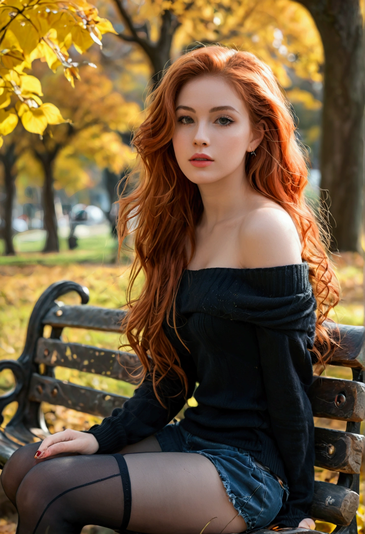 (full body shot:1.1) photorealistic image of a (sitting pose:1.1) woman, ultra realistic, photography, long red hair, girl, 24 years old, hourglass figure, perfect body, Flirty look, natural medium breasts, blur background, glossy lips, ((shorts, tights, off-shoulder sweater)), sitting with her legs crossed on bench, in park, she wears black boots, full body picture, full body, full body shot, wide angle, wide angle picture, wide angle shot, perfect hands 