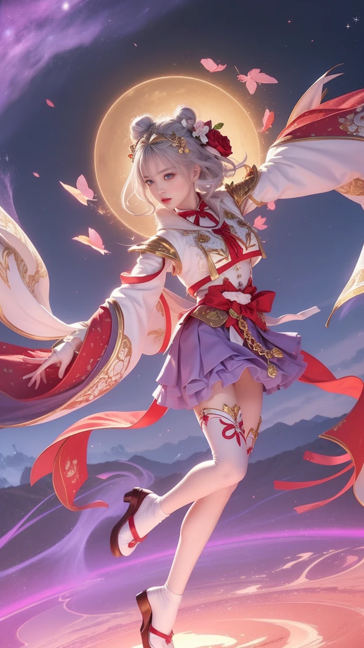(full body:1.5),(1girl:1.3),(looking at viewer:1.4),(anatomy correct:1.3),(In the paradise of the day:1.3),(Wearing Very thick Printed Pantyhose and Chinese Empress Style JK uniform printed pleated skirt and JK uniform leather shoes with bow decoration :1.3), (A high jump posture:1.3),(In pink|amarelo|blue colors|green color|red colour|white colors|black in color|purpleish color|greys|Beige|Flesh color 1.4),,(Accurate and perfect face:1.4),(Clothing Gloss:1.25),(Skin reflection:1.25),hyper HD, Ray traching, reflective light,structurally correct, Award-Awarded, high detal, lightand shade contrast, Face lighting,cinmatic lighting, tmasterpiece, super detailing, high high quality, high detal, best qualityer, 16k,high contrast,